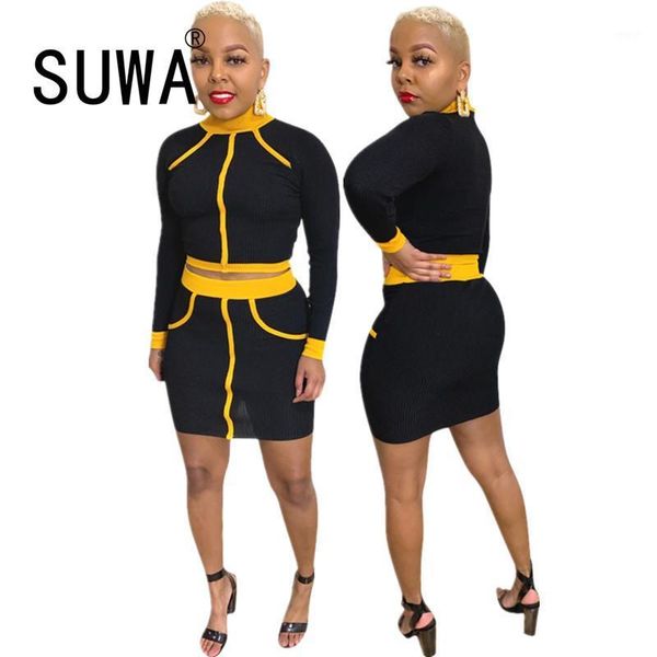 

women's tracksuits woman o neck patchwork skirt set long sleeve slim 2 pieces clothes ladies matching suit1, Gray