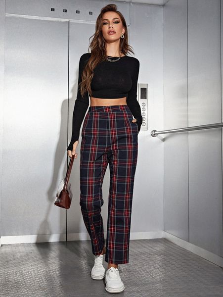 

plaid print slant pocket pants j5sl#, Black;white