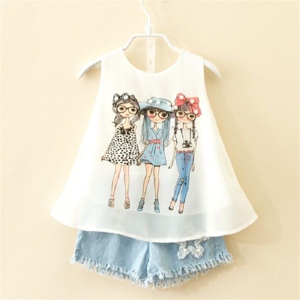 

2020 summer brand suit for children girls fashion baby chiffon vest shorts set girl clothes toddler 3 8 10 years kids clothing lj200826, White