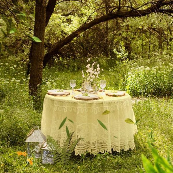 

pa.an crochet lace floral tablecloth round table cover layering linens beige white retro chic wedding party banquet picnic decor1
