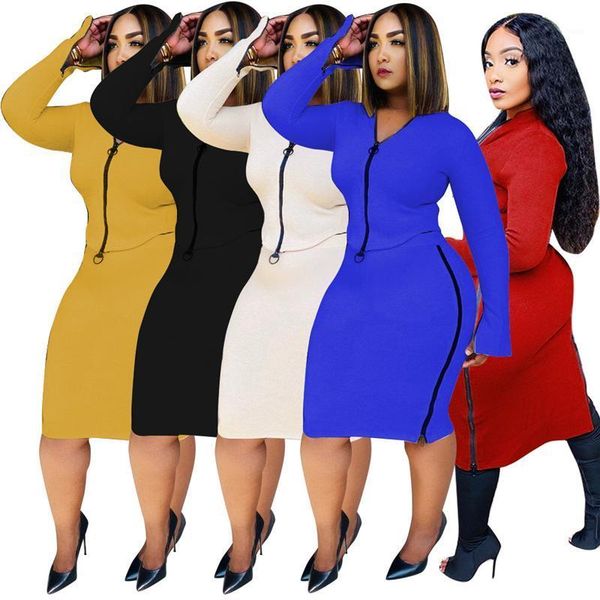 

rstylish solid 2 piece suits women long sleeve zipper sweater bodycon midi skirt set ribbed activewear tracksuit fitness outfits1, Gray