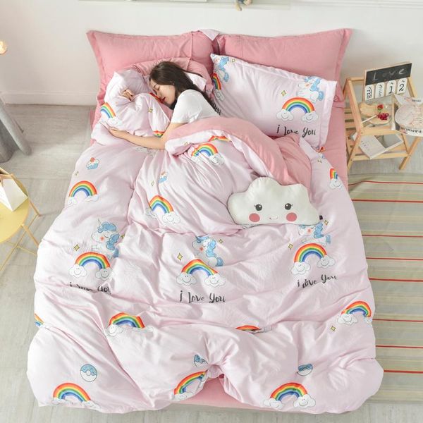 

little fresh style washed cotton 4pcs duvet cover bed sheet pillowcase rainbow horse butterfly flowers leaves full  king