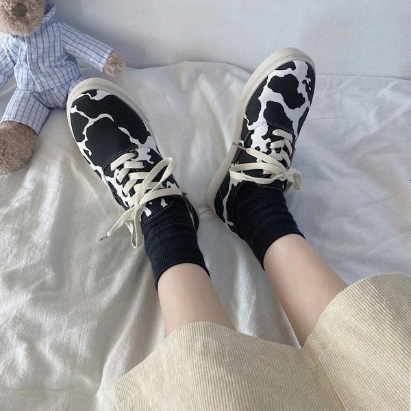 

cow print cute women sneakers black white canvas shoes 2021 new platform flat lace up tennis shoes casual wild zapatos mujer #kl9a