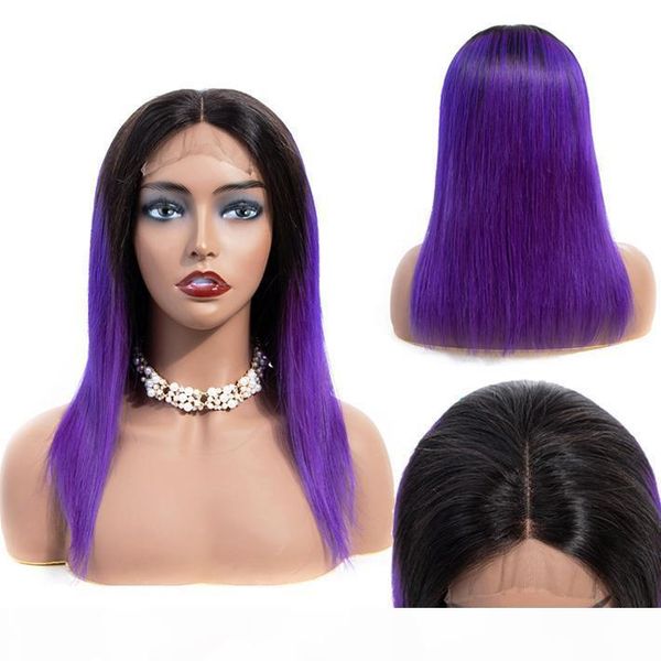 

4x4 lace closure human hair wigs colored 1b purple raw indian remy straight glueless wigs for black women long purple ombre lace front wig, Black;brown