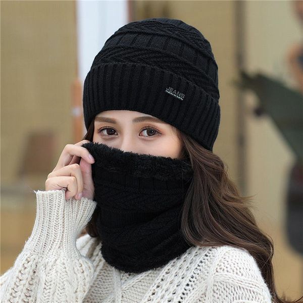 

women's knitted hat ladies bib+caps warmer winter hats for female women beanies cap 5 colors, Blue;gray