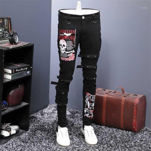 

european design autumn and winter new black printed jeans men's trousers1, Blue