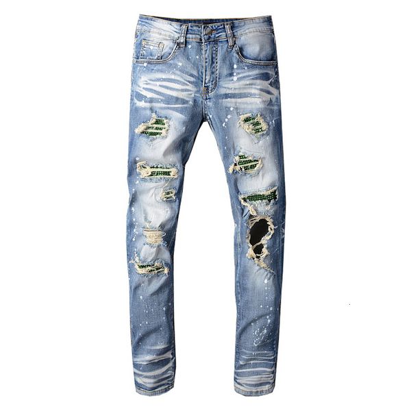 

men's crystal holes ripped jeans slim skinny patchwork distressed blue stretch denim pants hip hop skinny jeans men