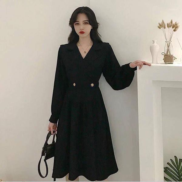 

women 2020 autumn winter vintage solid elegant dresses female new fashion slim a-line dress ladies empire v-neck dress p1911, Black;gray