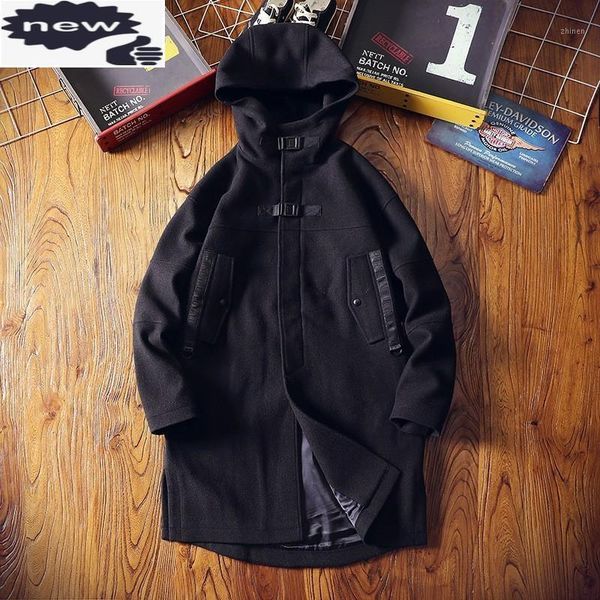 

korean fashion medium length hooded mens trench coats winter long sleeve loose fit casual male outerwear overcoats plus size 5xl1, Tan;black