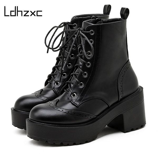 

boots gdgydh 2021 chunky heel ankle for women platform solid black ladies shoes fashon sewing fretwork female motorcycle
