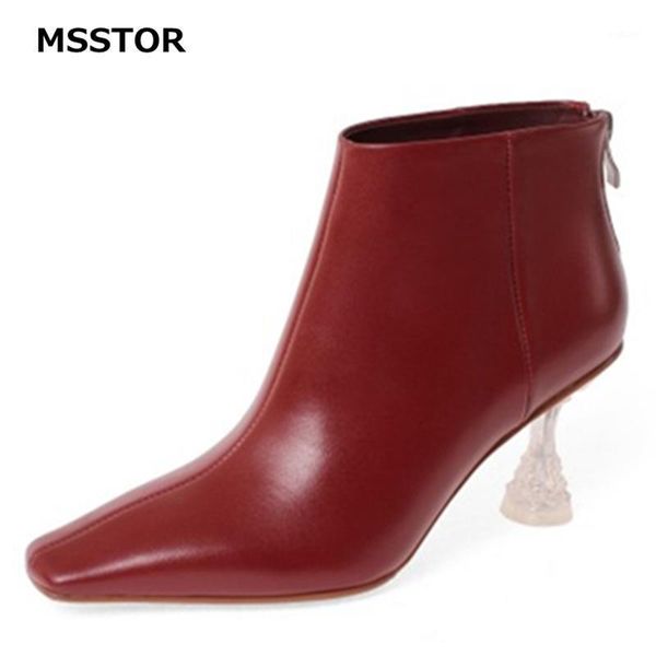 

transparent red boots zipper sewing solid casual elegant party leather boots women square toe winter ankle women rubber1, Black