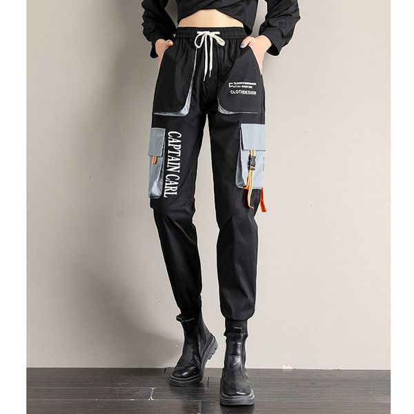 

cargo 2021 women new arrival elastic big pocket ankle length woman fashion loose streetwear pants yp2s, Black;white