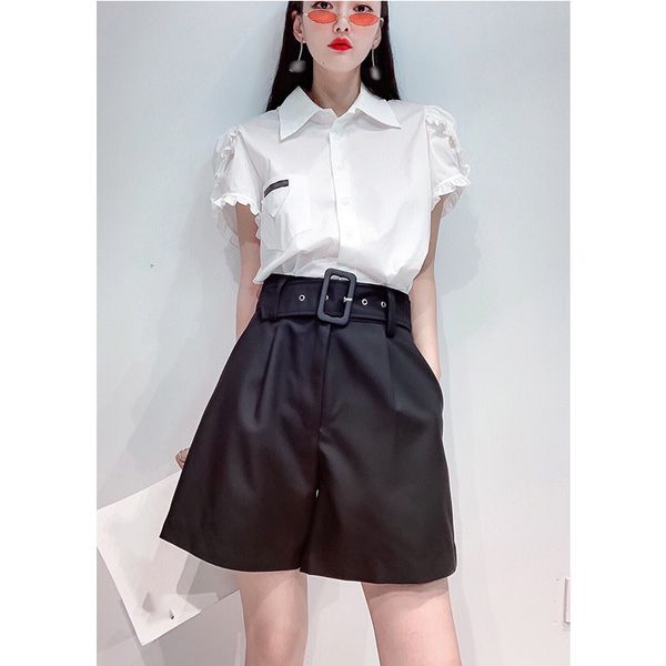 

2020 new high-end fashion belt waist high waist wide leg trousers shorts, White;black