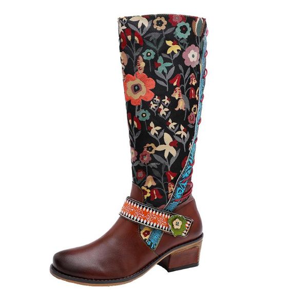 

bohemian over-the-knee long boots women retro vintage splicing floral pattern keep warm mid-calf zipper boots lace shoes, Black