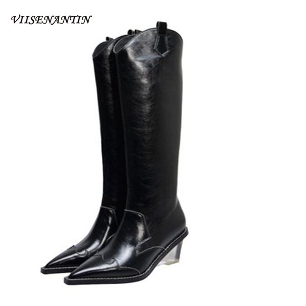 

boots viisenantin 2021 autumn winter transparent heel patent leather dark green pointed head western riding woman, Black