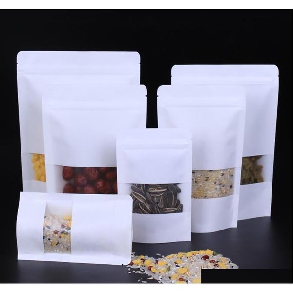 

white kraft paper mylar self-styled doypack bags with clear window food tea snack package storage bag stand up packagin qylepg wphome