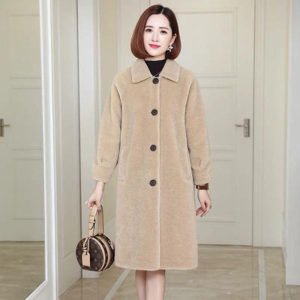 

women's fur & faux 2021 winter women loose casual thicken warm teddy real wool overcoats female fashion long sheep shearing outerwear z, Black