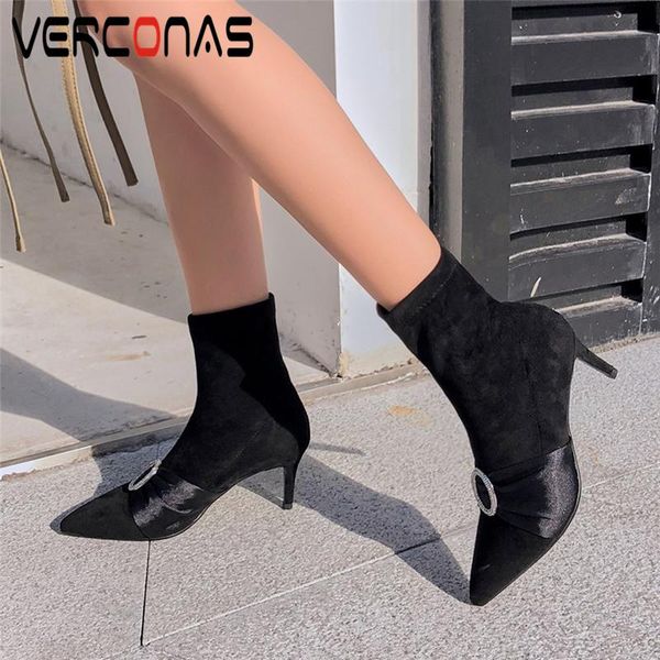 

verconas fashion women ankle boots autumn winter shoes woman thin heels rhinestone pointed toe short boots stretch, Black
