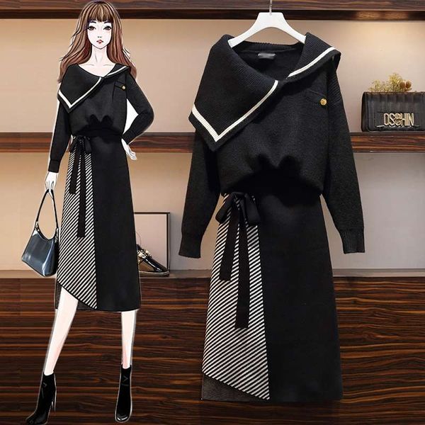 

large autumn dress 2020 new fat sister foreign style thin sweater women's belly covering skirt two piece set, Black