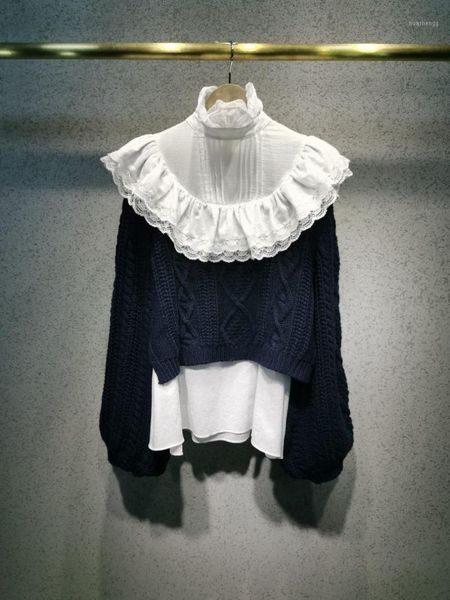 

2019 new ladies fashion long-sleeved casual ruffle collar stitching sweater sweater 12121, White;black