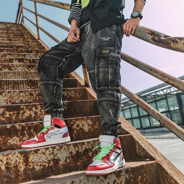 

2020 new arrival vintage letter embroidery multi pockets cargo style jeans men autumn high street fashion casual denim jeans1, Blue