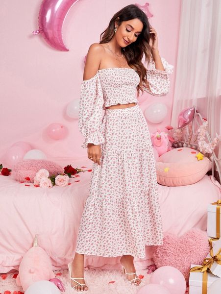 

off shoulder ruffle trim shirred ditsy floral & skirt z1aa#, White