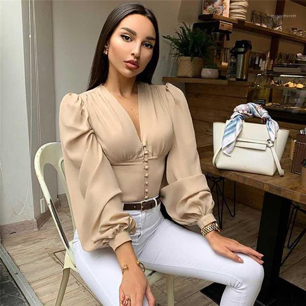 

women's blouses & shirts 2021 autumn shirt women fashionable bubble sleeves v-neck solid color slim street style button all-match ladie, White