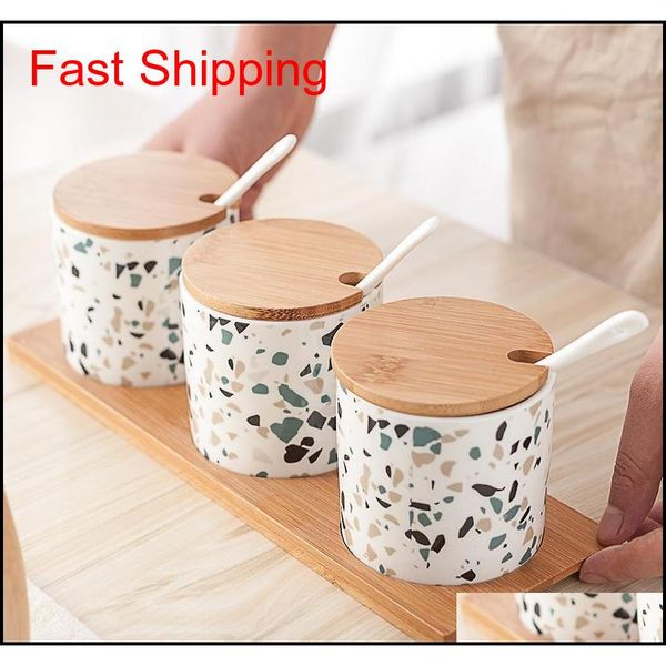 

3pcs ceramic oil salt pot ceramic jar seasoning jar set nordic home kitchen creative terrazzo european salt sugar qylthp bwkf