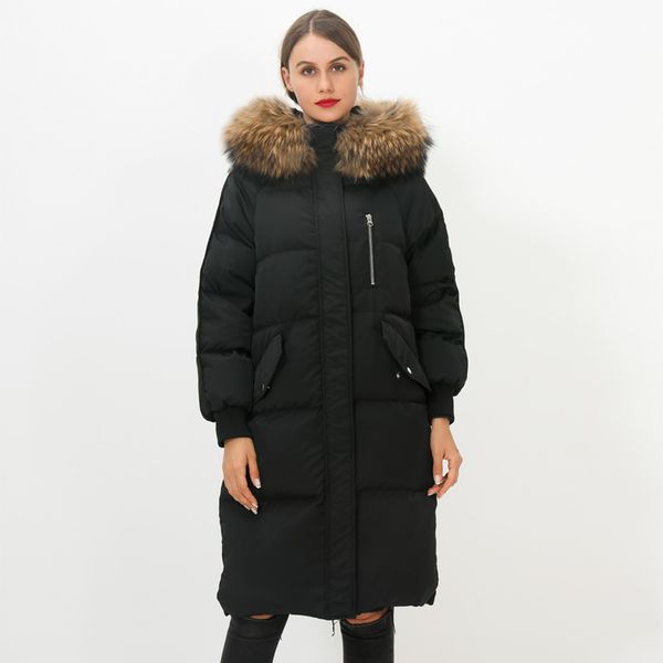 

large natural raccoon fur hooded down jacket women 2020 winter coat womens 90% white duck down parka female long feather clothes, Black