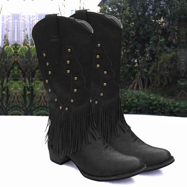 

new women booties pointed toe tassel spring chunky heel mid-calf boots plus size 43 western horse riding classical wild shoes, Black