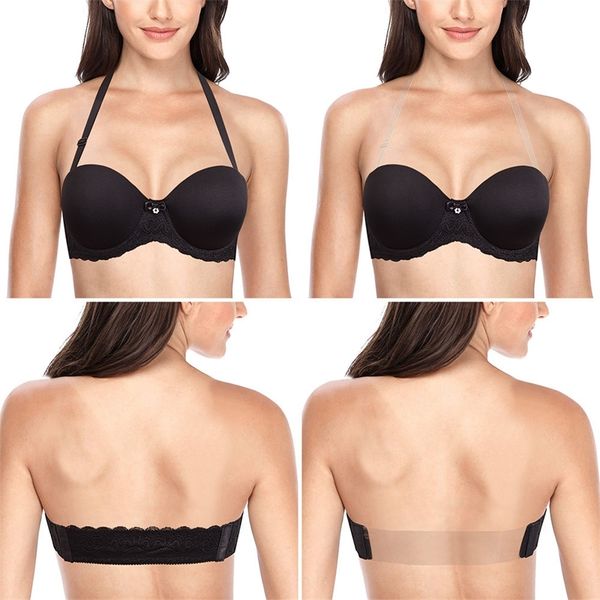 

yandw women bra adjusted straps halter silicone strapless bras lace cropped unpadded 70 75 80 85 90 95 100 105 b c d e f g y200415, Red;black