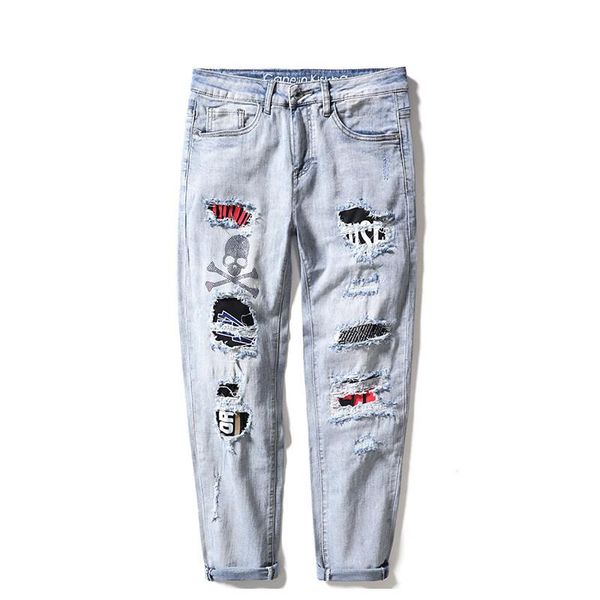

men's jeans wholesale 2021 fashion light luxury hip hop light-colored ripped patch drilling skeleton beggar thin long pants, Blue