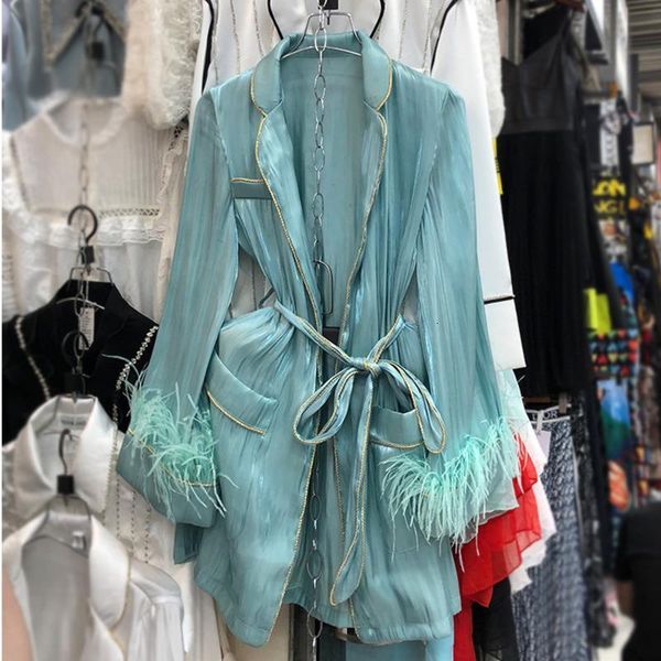 

ewq] 2020 spring new sweet long sleeve women long sleeve loose shirt coats with feather belt korea womens green blouses, White