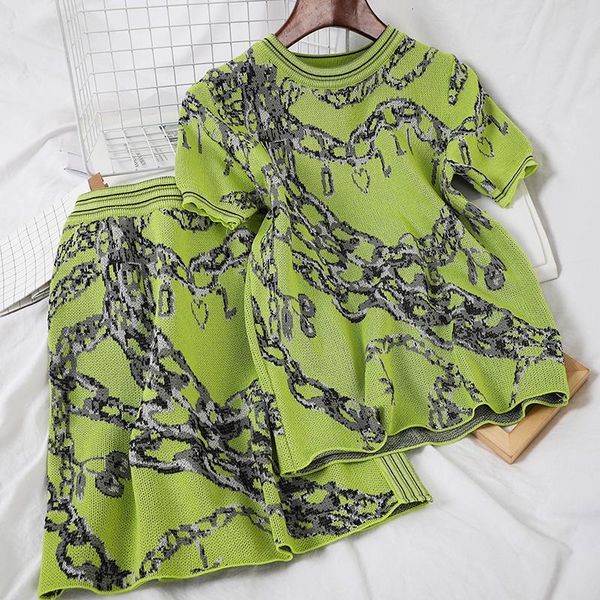 

2020 women summer knit 2 piece set elegant o neck short sleeve tshirt high waist half length skirt chic print suit female, Gray