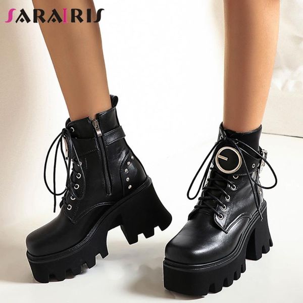 

sarairis buckle rivet lace up solid boots women brand designer boots ladies platform lace up high heels winter shoes, Black