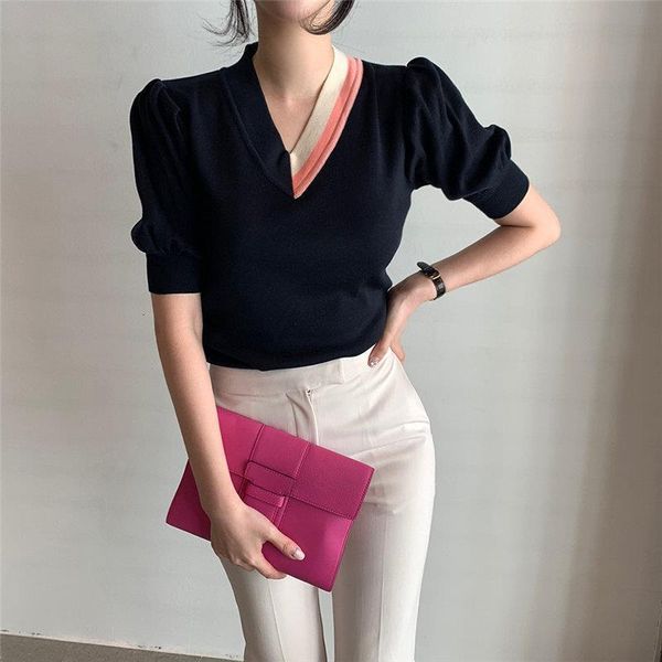 

2021 retro hong kong style puff sleeve ice silk slim color hit knitting new fashion versatile v neck thin sweaters, White;black