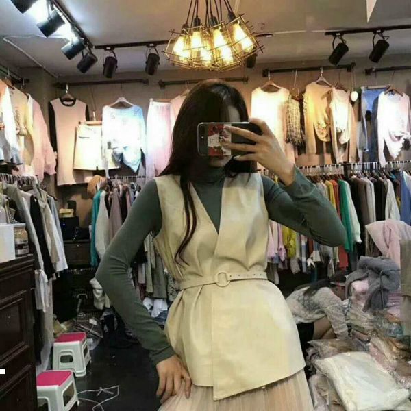 

new spring 2021 female release black apricot plutonium leather temperament vest sleeveless v-collar fashion y188 ch2f