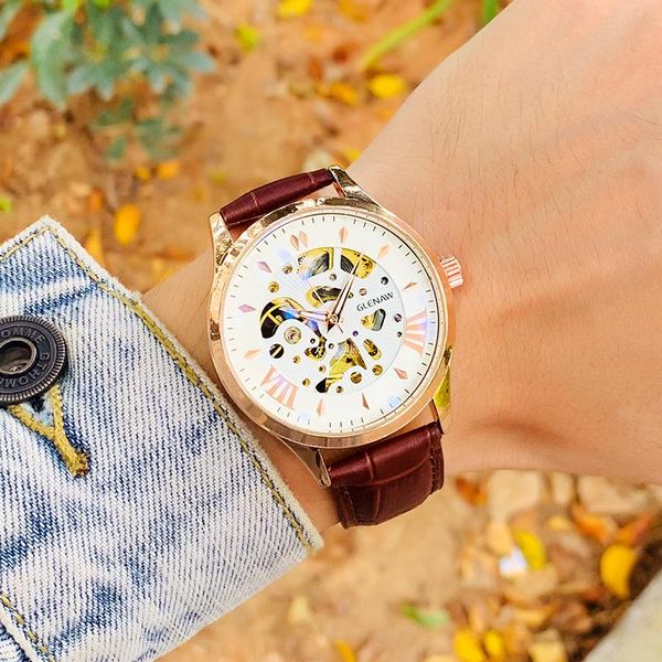 

glenaw men watch automatic mechanical clock skeleton waterproof sports watches 2020 men's wristwatch clock, Slivery;brown