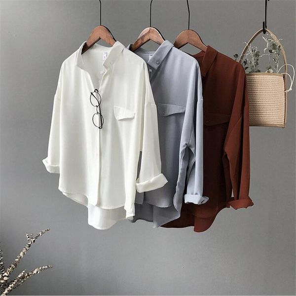 

casual chiffon white women blouse shirt oversized three quarter sleeve loose shirt office wear casua blusas y200103