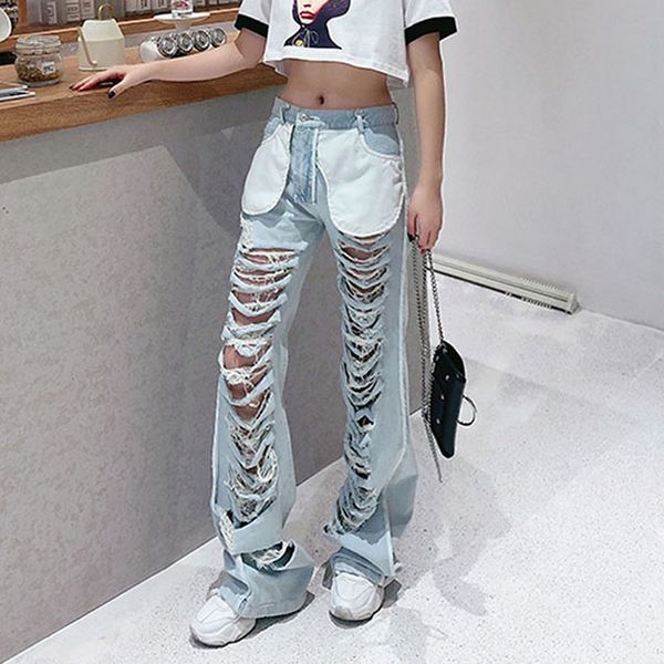 

summer hollow out tassel denim women's trousers high waist pocket wide leg jeans female 2020 autumn streetwear fashion new kz199, Blue