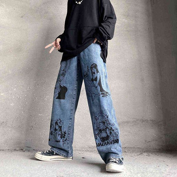 

2021 japan cartoon anime girl graffiti harajuku men baggy jeans trousers y2k straight women wide vintage denim pants oversize 0309, Blue