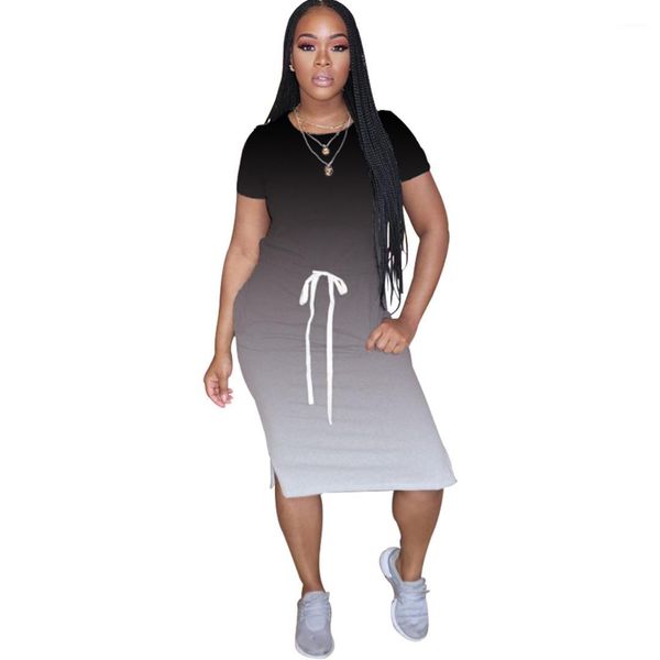 

dress summer short sleeve split o-neck dresses ladies casual clothes women drawstring gradient, White;black