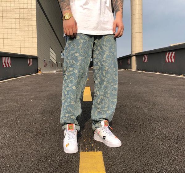 

2021 new street hip-hop caju flower jacquard allover embroidery in a straight line brim pants micm, Blue