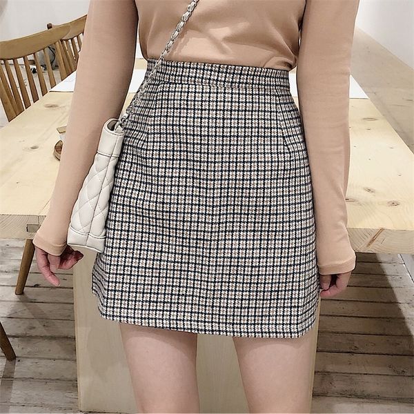

vintage plaid skirts women houndstooth autumn short skirts mini korean harajuku pencil skirts office casual high waist v680 201109, Black