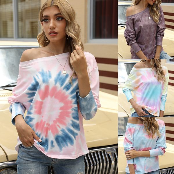 

2021 novo estilo para outono e inverno roupas femininas tie-dye gradiente fora do camiseta superior ombro selvagem s femininos as6i, White