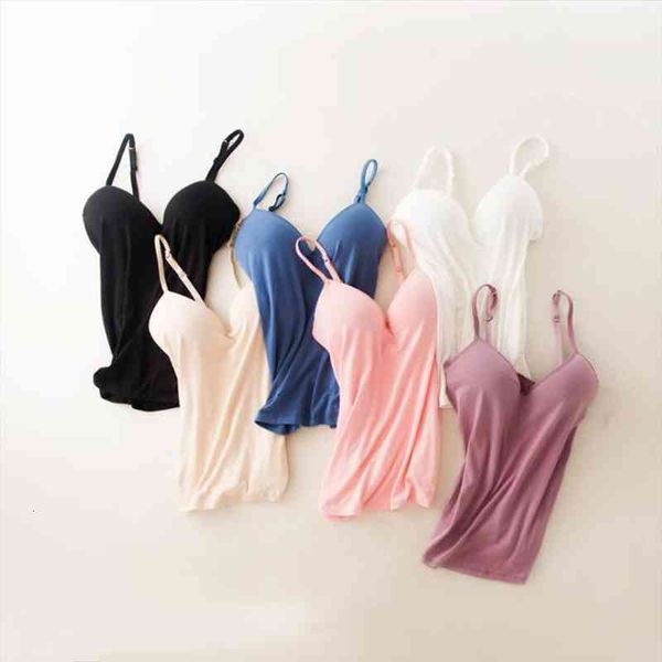 

fashion womens camisole with built in shelf bra adjustable spaghetti strap vest nude pink white camis soft tank casual top