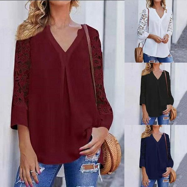 

women white blouse 2021 fashion summer v neck lace shirts 3/4 sleeve hollow out tunic casual loose solid office blusas