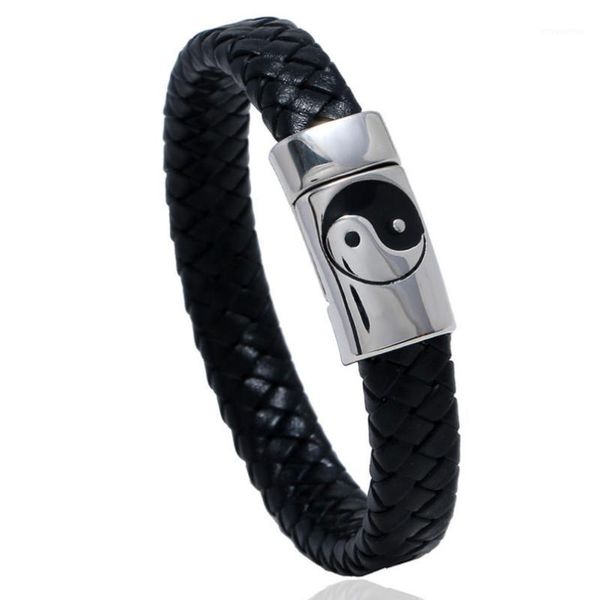 

fashion vintage black stainless steel tai chi bracelet weave leather magnetic clasp men women wristbands bangle yin yang jewelry1, Golden;silver