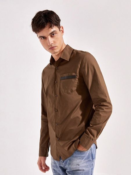 

men pocket patched button front shirt o9m3#, White;black