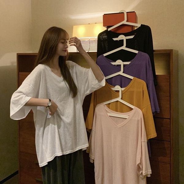 

solid color short sleeve t-shirt female summer 2020 new style korean-style loose laziness wind fashion v-neck mid-length casual, White